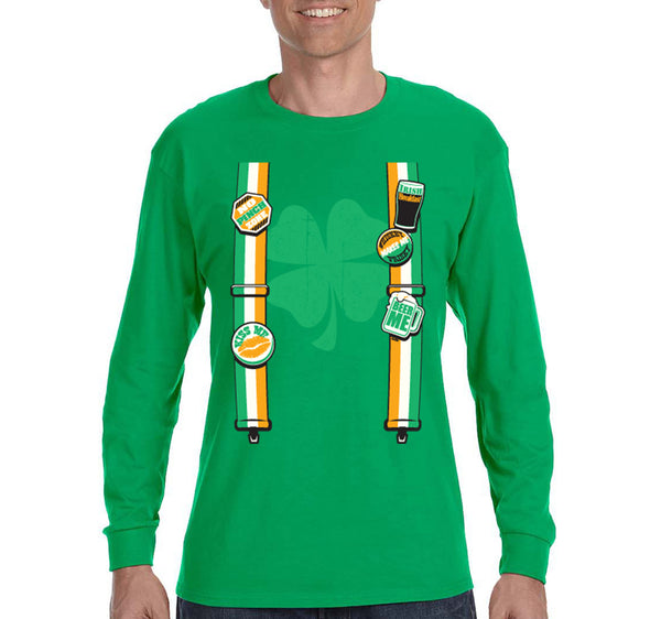 Free Shipping Men's Irish Suspenders St. Patrick's Day Funny Party Beer Clover Shamrock Whiskey Long Sleeve T-Shirt