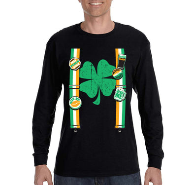 Free Shipping Men's Irish Suspenders St. Patrick's Day Funny Party Beer Clover Shamrock Whiskey Long Sleeve T-Shirt