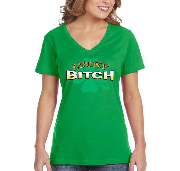 Free Shipping Women's Lucky Bitch Shamrock Leprechaun Pub Bar Beer Whiskey Party Clover Shenanigans Irish St. Patrick's Day V-Neck T-Shirt