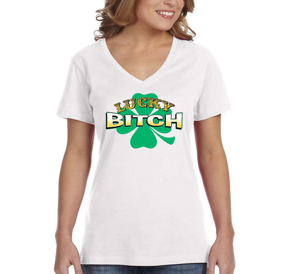 Free Shipping Women's Lucky Bitch Shamrock Leprechaun Pub Bar Beer Whiskey Party Clover Shenanigans Irish St. Patrick's Day V-Neck T-Shirt