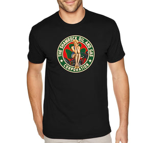 Free Shipping Men's Shamrock Oil Gas Corp Pinup Girl Clover Vintage Biker Shenanigans Whiskey Drinking Irish Beer St. Patrick's Day T-Shirt
