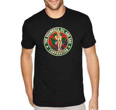 Free Shipping Men's Shamrock Oil Gas Corp Pinup Girl Clover Vintage Biker Shenanigans Whiskey Drinking Irish Beer St. Patrick's Day T-Shirt