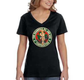 Free Shipping Womens Shamrock Oil Gas Corp Pinup Girl Clover Vintage Biker Shenanigans Drink Irish Beer St. Patrick's Day Short Sleeve V-Neck T-Shirt