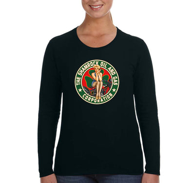 Free Shipping Women's Shamrock Oil Gas Pinup Girl Clover Vintage Biker Shenanigans Whiskey Drink Irish St. Patrick's Day Long Sleeve T-Shirt