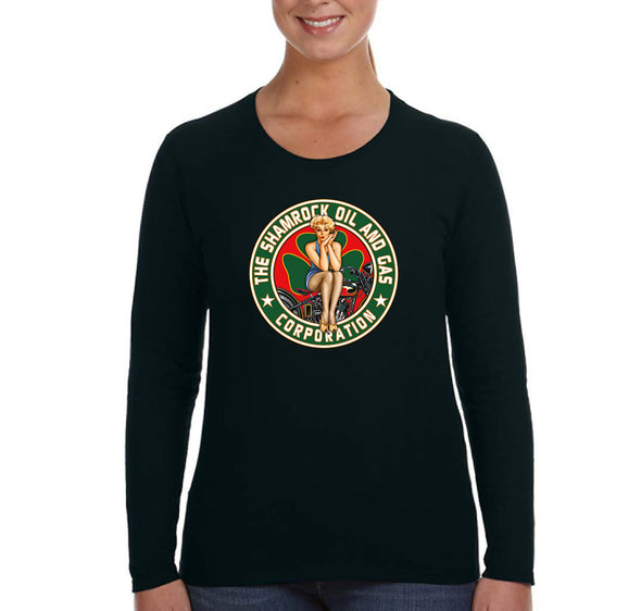 Free Shipping Women's Shamrock Oil Gas Pinup Girl Clover Vintage Biker Shenanigans Whiskey Drink Irish St. Patrick's Day Long Sleeve T-Shirt