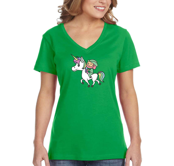 Free Shipping Women's Leprechaun Riding Unicorn Clover Shamrock Funny Shenanigans Whiskey Drink Irish Beer St. Patrick's Day Short Sleeve V-Neck T-Shirt