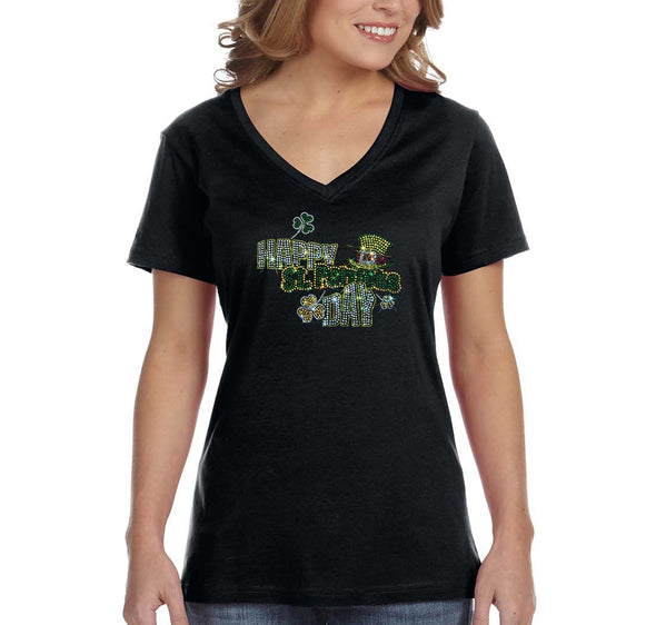 Free Shipping Women's Happy St. Patrick's Day Hat Rhinestone Sequins Shamrock Clover Irish Glitter Sparkle Shamrock Party Short Sleeve V-Neck T-Shirt