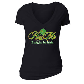 Free Shipping Womens St. Patrick's Day Saint Paddy Drunk shirt Kiss Me I Might Be Irish Shamrock Clover Irish Women Short Sleeve V-Neck T-Shirt