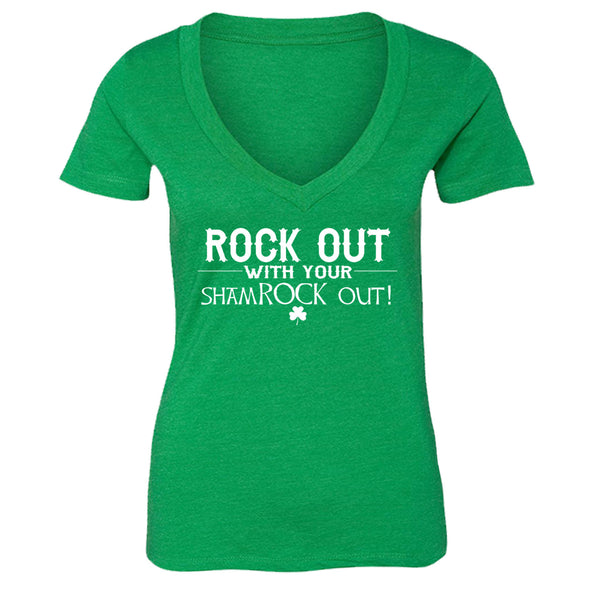 Free Shipping Womens St. Patrick's Day Saint Paddy Drunk shirt Rock Out With Your Shamrock Out Clover Irish Women Short Sleeve V-Neck T-Shirt