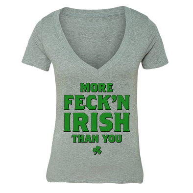 Free Shipping Womens St. Patrick's Day Saint Paddy Drunk shirt More Fecken Irish Than You Shamrock Clover Irish Women V-Neck T-Shirt