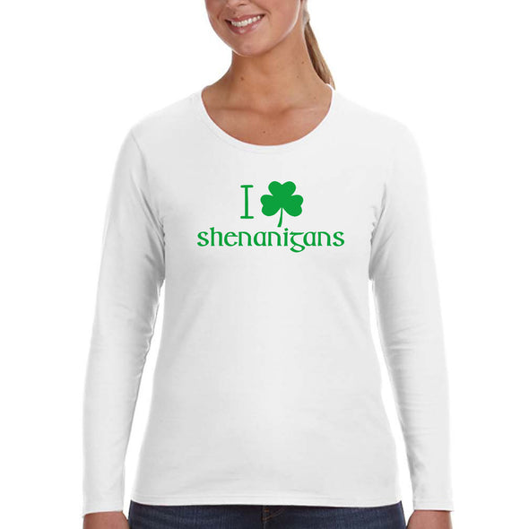 Free Shipping Womens St. Patrick's Day Saint Paddy Drunk shirt I Love Shenanigans Shamrock Clover Irish Longsleeve T-Shirt