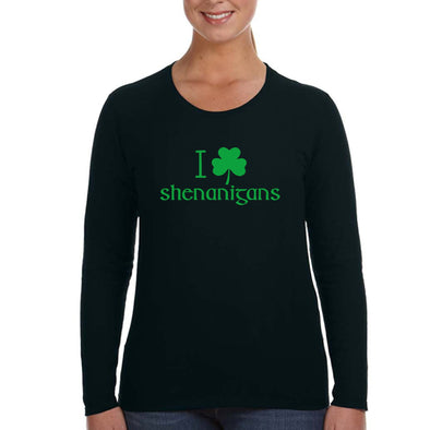 Free Shipping Womens St. Patrick's Day Saint Paddy Drunk shirt I Love Shenanigans Shamrock Clover Irish Long Sleeve T-Shirt