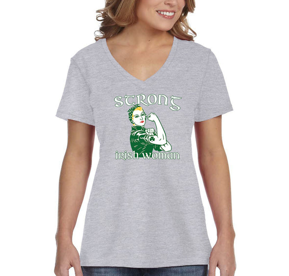 Free Shipping Women's Strong Irish Woman St. Patrick's Day Pinup Girl Tattoo Shamrock Clover Beer Party Rosie Riveter V-Neck T-Shirt