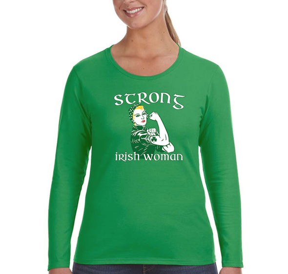 Free Shipping Women's Strong Irish Woman St Patrick's Day Pinup Girl Tattoo Shamrock Clover Beer Party Rosie Riveter Long Sleeve T-Shirt