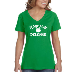 Free Shipping Women's Magically Delicious St. Patrick's Day Leprechaun Lucky Charms Party Irish Shamrock Clover Pot Gold Short Sleeve V-Neck T-Shirt