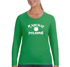 Free Shipping Women's Magically Delicious St. Patrick's Leprechaun Lucky Charms Party Irish Shamrock Clover Pot Gold Long Sleeve T-Shirt