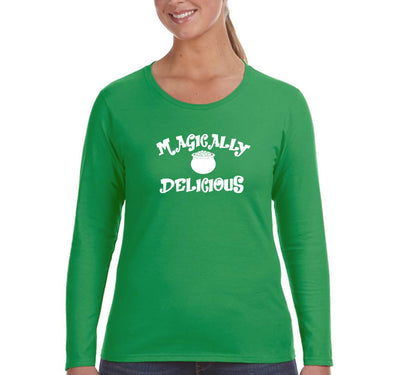 Free Shipping Women's Magically Delicious St. Patrick's Leprechaun Lucky Charms Party Irish Shamrock Clover Pot Gold Long Sleeve T-Shirt