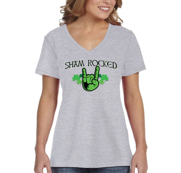 Free Shipping Women's Sham Rocked Shamrock Devil Hands Horns Beer Whiskey Party Clover Shenanigans Irish St. Patrick's Day V-Neck T-Shirt