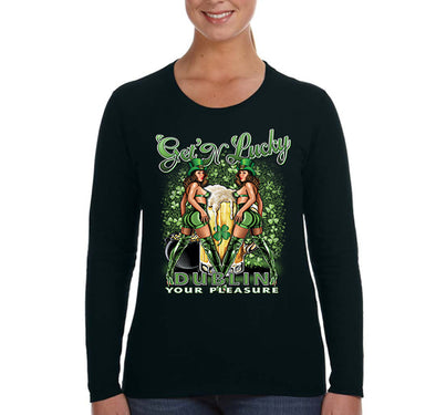 Free Shipping Women's Get N' Lucky Dublin Pinup Clover Party Whiskey Sexy Girl Beer Irish St. Patrick's Day Long Sleeve T-Shirt