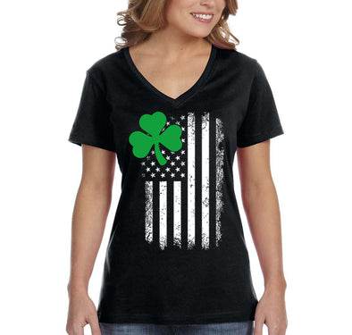 Free Shipping Women's Shamrock USA Flag Clover Shamrock Irish Ireland St. Patrick's Day V-Neck T-Shirt