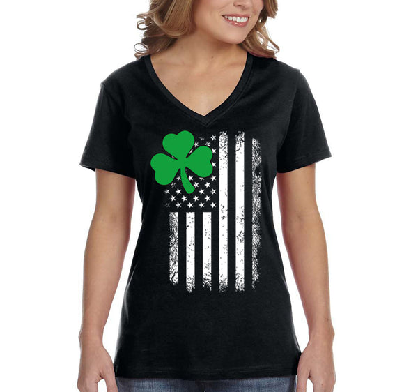 Free Shipping Women's Shamrock USA Flag Clover Shamrock Irish Ireland St. Patrick's Day V-Neck T-Shirt