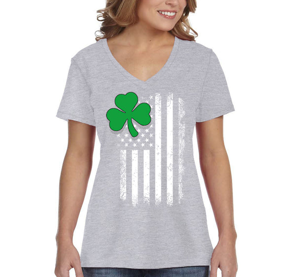 Free Shipping Women's Shamrock USA Flag Clover Shamrock Irish Ireland St. Patrick's Day V-Neck T-Shirt