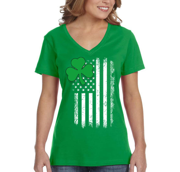 Free Shipping Women's Shamrock USA Flag Clover Shamrock Irish Ireland St. Patrick's Day Short Sleeve V-Neck T-Shirt