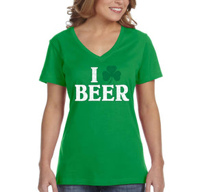 Free Shipping Women's I Love Beer St. Patrick's Day Clover Beer Drinking Celtic Party Funny Shamrock Shenanigans Short Sleeve V-Neck T-Shirt