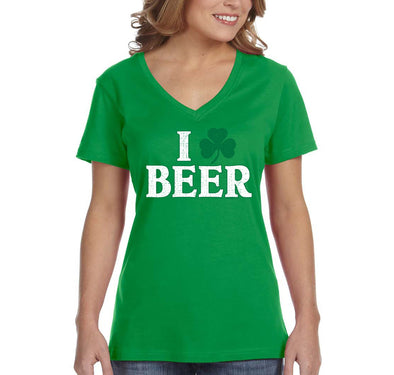 Free Shipping Women's I Love Beer St. Patrick's Day Clover Beer Drinking Celtic Party Funny Shamrock Shenanigans Short Sleeve V-Neck T-Shirt