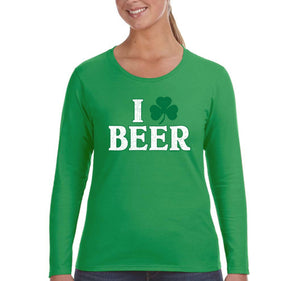 Free Shipping Women's I Love Beer St. Patrick's Day Clover Beer Drinking Celtic Party Funny Shamrock Shenanigans Long Sleeve T-Shirt