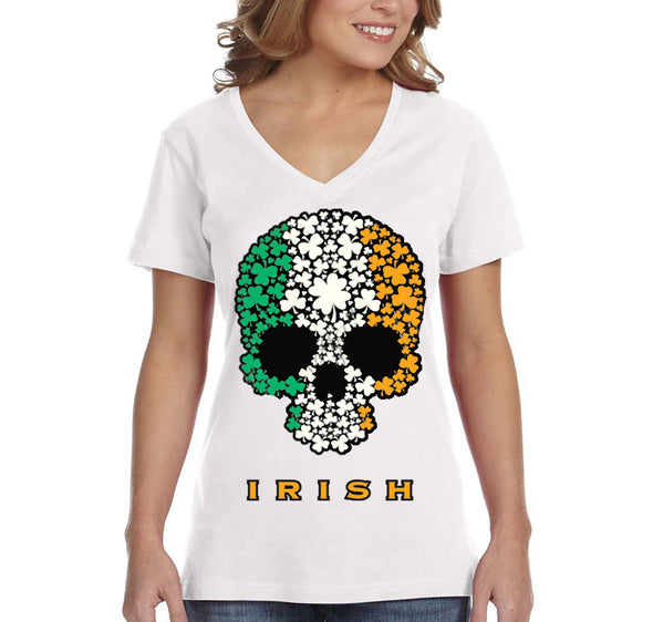 Free Shipping Women's Irish Shamrock Skull Flag St. Patrick's Day Drinking Beer Shamrock Funny Party Shenanigans V-Neck T-Shirt