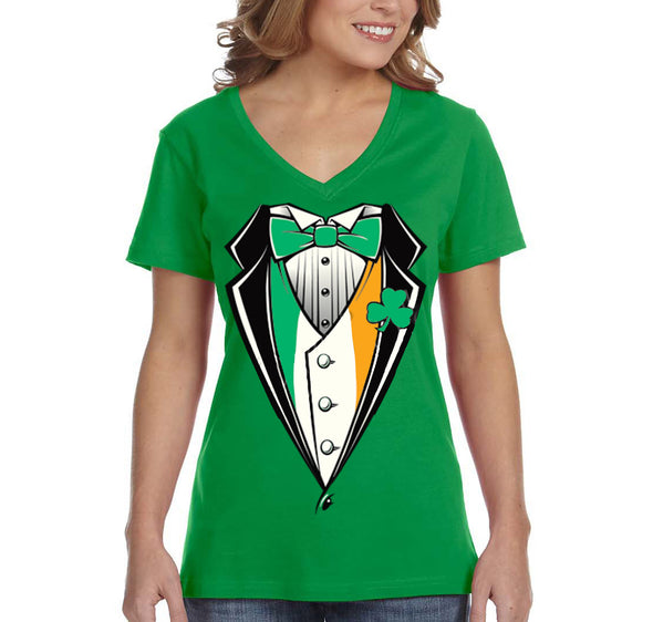 Free Shipping Women's Irish Tuxedo Leprechaun Funny Beer Clover Shamrock Whiskey Party Funny Shenanigans St. Patrick's Day V-Neck T-Shirt