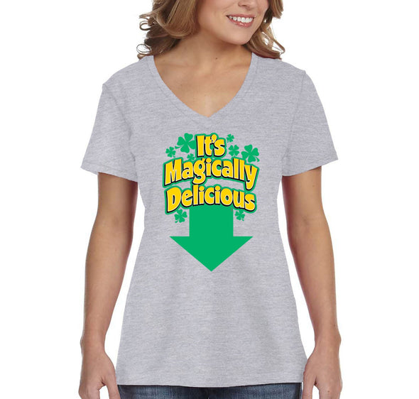 Free Shipping Women's Magicially Delicious St. Patrick's Day Leprechaun Lucky Charms Party Irish Shamrock Clover Pot Gold Short Sleeve V-Neck T-Shirt