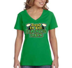 Free Shipping Women's Designated Drunk Irish Funny Whiskey Beer St. Patrick's Day Short Sleeve V-Neck T-Shirt