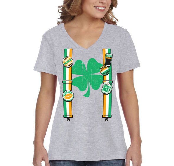 Free Shipping Women's Irish Suspenders St. Patrick's Day Funny Leprechaun Beer Party Clover Shamrock Whiskey V-Neck T-Shirt