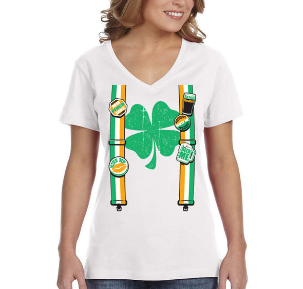 Free Shipping Women's Irish Suspenders St. Patrick's Day Funny Leprechaun Beer Party Clover Shamrock Whiskey V-Neck T-Shirt