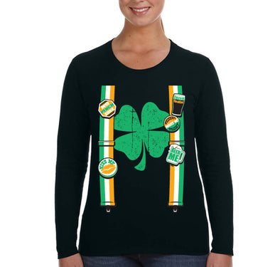 Free Shipping Women's Irish Suspenders St. Patrick's Day Funny Party Beer Clover Shamrock Whiskey Long Sleeve T-Shirt