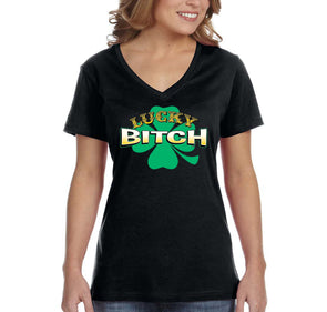 Free Shipping Women's Lucky Bitch Shamrock Leprechaun Pub Bar Beer Whiskey Party Clover Shenanigans Irish St. Patrick's Day Short Sleeve V-Neck T-Shirt