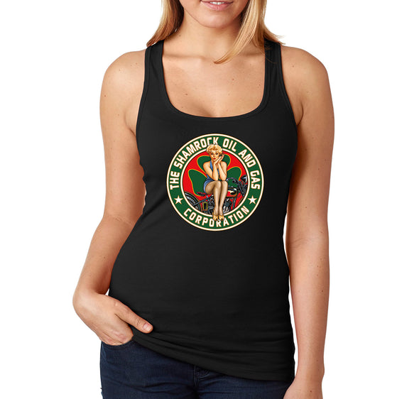 Free Shipping Women's Shamrock Oil Gas Pinup Girl Clover Vintage Biker Shenanigans Whiskey Drink Irish St. Patrick's Day Racer-Back Tank-Top