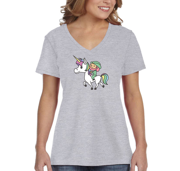 Free Shipping Women's Leprechaun Riding Unicorn Clover Shamrock Funny Shenanigans Whiskey Drink Irish Beer St. Patrick's Day V-Neck T-Shirt