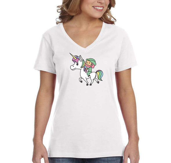 Free Shipping Women's Leprechaun Riding Unicorn Clover Shamrock Funny Shenanigans Whiskey Drink Irish Beer St. Patrick's Day V-Neck T-Shirt