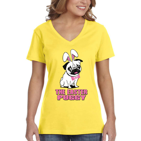 Free Shipping Women's Pug Dog Ears Easter Bunny Holiday V-Neck Short Sleeve T-Shirt Rabbit Lover Funny Egg Hunt Spring Gift Cute Tee
