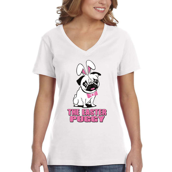 Free Shipping Women's Pug Dog Ears Easter Bunny Holiday V-Neck Short Sleeve T-Shirt Rabbit Lover Funny Egg Hunt Spring Gift Cute Tee