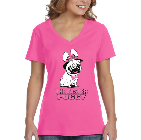 Free Shipping Women's Pug Dog Ears Easter Bunny Holiday V-Neck Short Sleeve T-Shirt Rabbit Lover Funny Egg Hunt Spring Gift Cute Tee