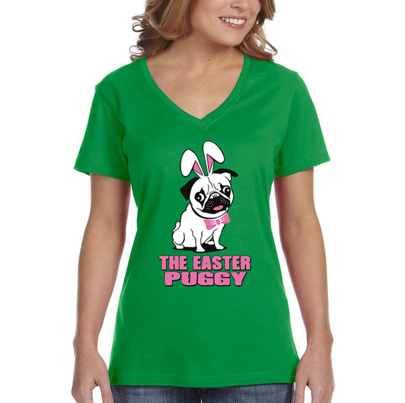 Free Shipping Women's Pug Dog Ears Easter Bunny Holiday V-Neck Short Sleeve T-Shirt Rabbit Lover Funny Egg Hunt Spring Gift Cute Tee