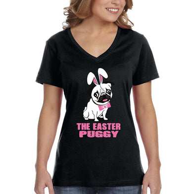 Free Shipping Women's Pug Dog Ears Easter Bunny Holiday V-Neck Short Sleeve T-Shirt Rabbit Lover Funny Egg Hunt Spring Gift Cute Tee