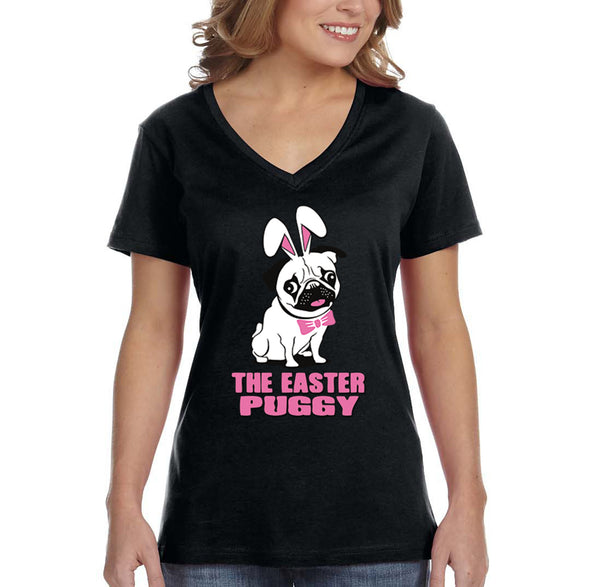 Free Shipping Women's Pug Dog Ears Easter Bunny Holiday V-Neck Short Sleeve T-Shirt Rabbit Lover Funny Egg Hunt Spring Gift Cute Tee
