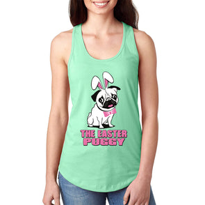 Free Shipping Women's Pug Dog Ears Easter Bunny Holiday Racer-Back Tank-Top Rabbit Lover Funny Egg Hunt Spring Gift