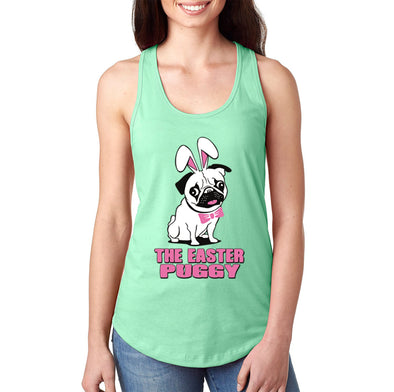 Free Shipping Women's Pug Dog Ears Easter Bunny Holiday Racer-Back Tank-Top Rabbit Lover Funny Egg Hunt Spring Gift