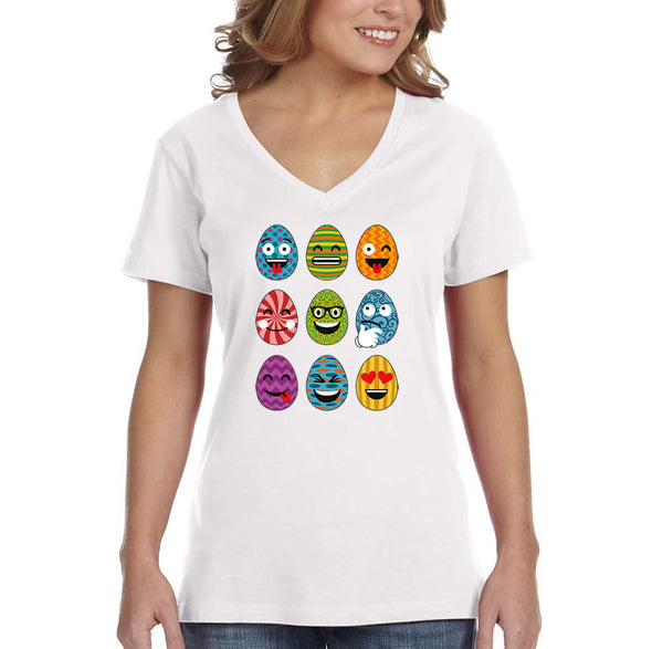 Free Shipping Women's Emoji Egg Hunt Easter Holiday V-Neck Short Sleeve T-Shirt Bunny Rabbit Lover Funny Egg Hunt Spring Gift Cute Tee